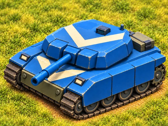 Illustration of a wide blue heavy tank with reinforced armor and white chevrons.