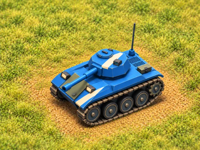 Illustration of a compact blue light tank with a single white stripe.