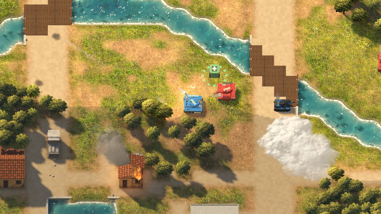 A real Fury Tanks battle among houses, trees and river crossings in Willow Village.