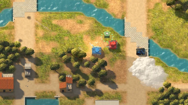Blue and red tanks exchange fire in a sunny riverside village.