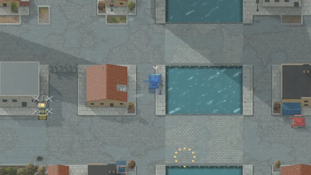 A tank battle on rain-soaked streets beside the canals.