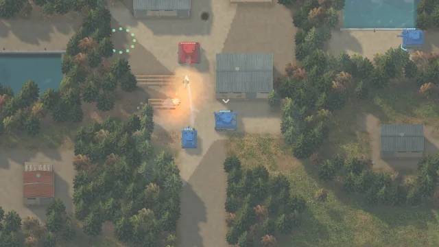 Tanks fight among timber sheds and pine groves in the mist.