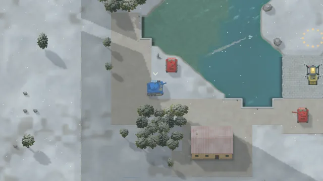 Blue and red tanks fight on a snowy lakeshore during snowfall.