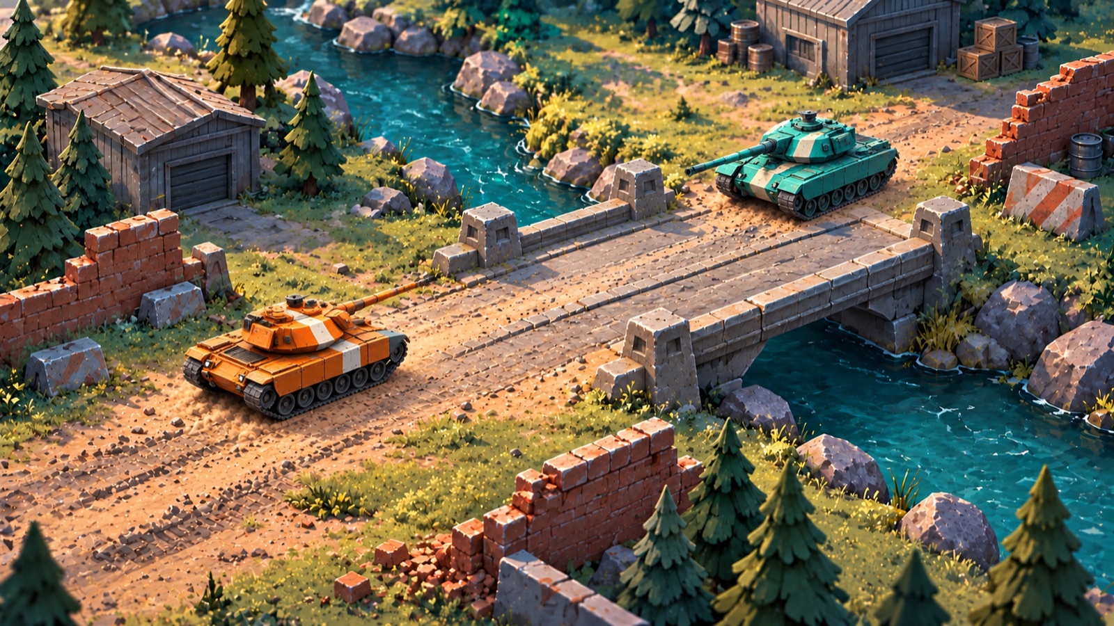 Orange and teal tanks face each other across a stone bridge in a detailed miniature world of rivers, pine trees and breakable brick walls.
