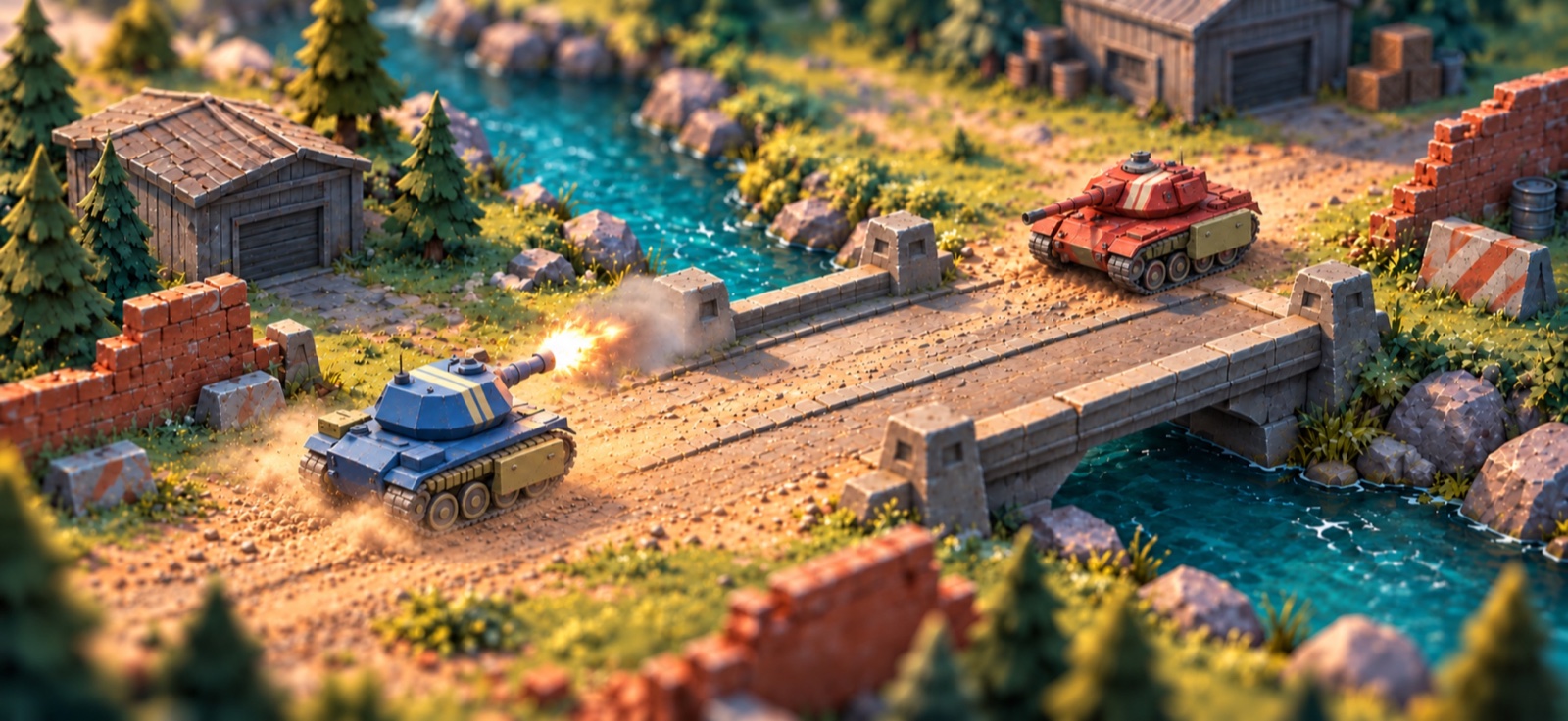 A blue tank fires toward a red tank across a stone bridge, surrounded by a river, pine trees, sheds and brick walls in a miniature battlefield.
