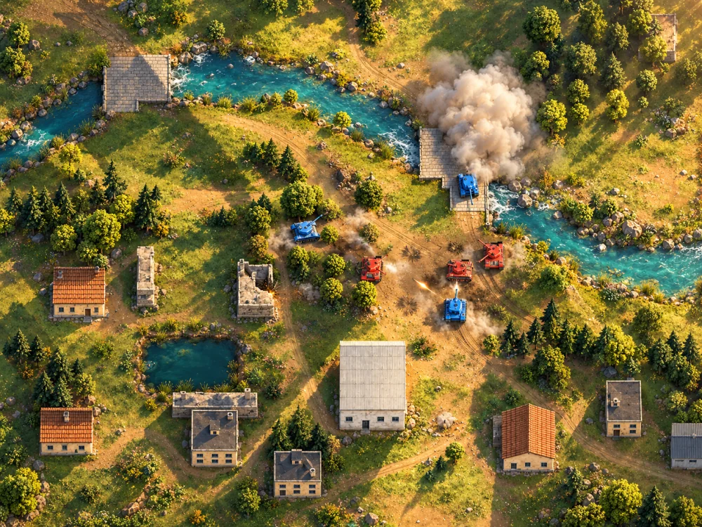 Blue and red tanks trade shots among cottages, groves and river crossings, seen from above like a miniature battlefield.